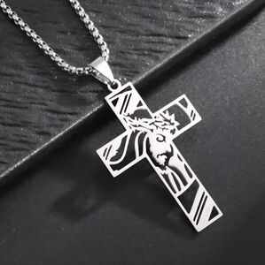 Stainless Steel Cross‎ Pendant with Outline Of Jesus Unisex NWOT